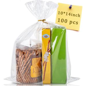CUDICY 100pcs Cellophane Bags 10x14 Cellophane Wrap Goodie Bags Large Clear Gift Bag Party Favors Bag Clear Treat Bag with Ties Plastic Gift Wraps Packaging Wraps for Cookie Candy (No Gusset)