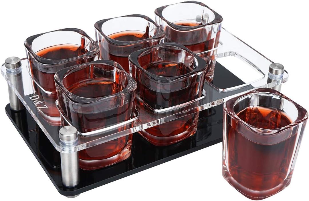 D&Z Shot Glass Set with Shot Glass Tray, 2 Ounce Shot Glasses Funny for Whiskey/Vodka/Cocktail, 21st Birthday Gift for Her/Him, Plastic Serving Tray - Stylish Decor/Useful Tool for Home Bar, 6-Shots