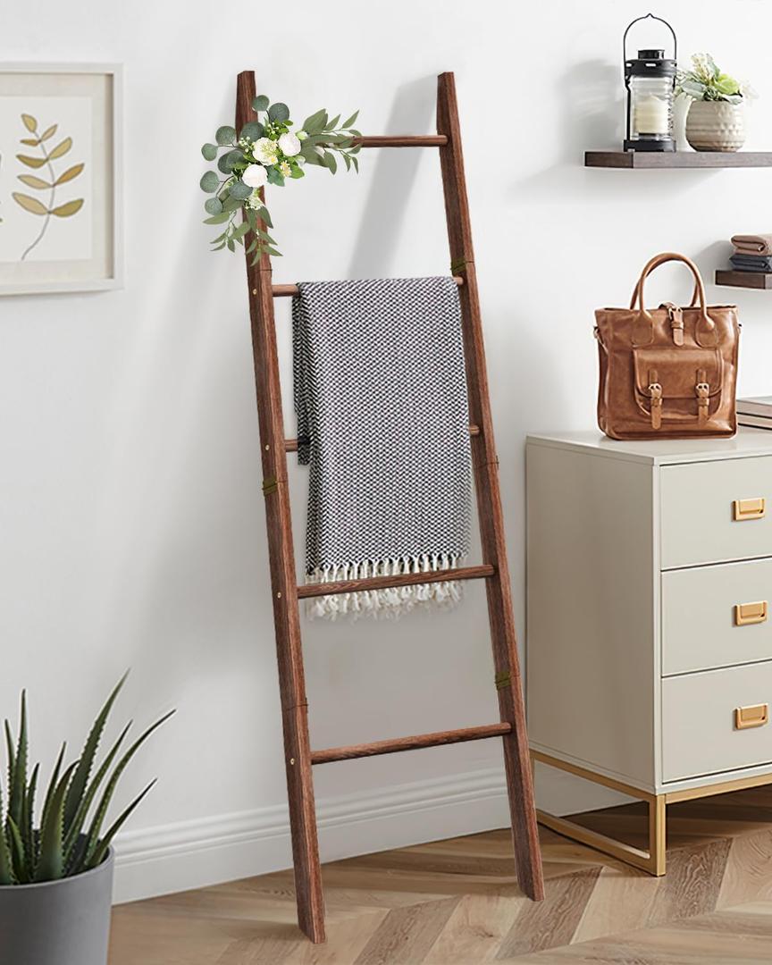 XLHOMO Blanket Ladder for Living Room, 5-Tier Wooden Ladder Shelf, Rustic Decorative Blanket Rack for Blankets, Quilts, Farmhouse Decor Ladder Shelf for Bedroom Bathroom Home Christmas Decor, Brown, 18 inches x 3 inches x 63 inches