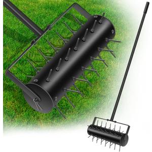 18" Lawn Aerator Tool Manual Lawn Aerators Rolling Lawn Aerator Manual Aeration Tool Soil Aerator Roller with 55" Stainless Steel Handle and Handle Cover for Garden Patio Manual Lawn Aerator Black