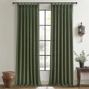 Dark Green Textured Linen Blend Curtains 102 Inches Long for Dining Room, Pinch Pleated Ceiling Track Sheer Curtains with Hooks Ring Light Filtering Drapes Olive Forest 40" W x 102" L Panels 2 Set