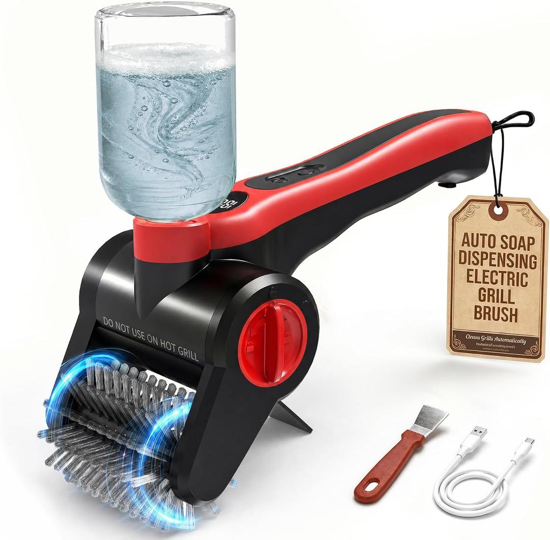 Electric Grill Brush with Water Spray System, Cordless BBQ Grill Cleaner, Rechargeable Power Scrubber for Gas, Charcoal & Pellet Grills, IPX8 Waterproof Grill Cleaning Brush with Scraper & Case