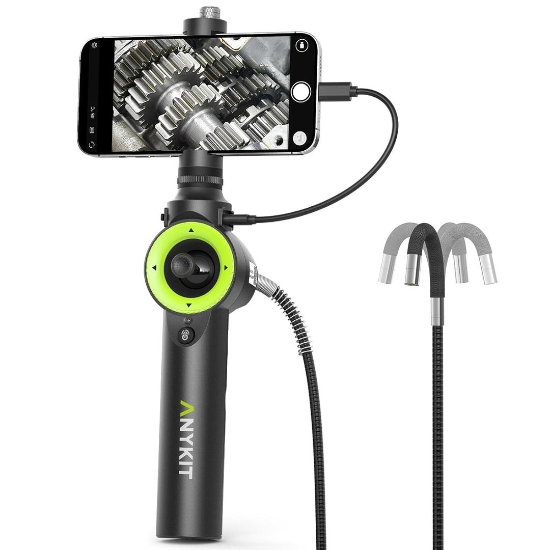 Anykit 360 4 Ways Articulating Borescope, Industrial Endoscope with 0.26 in Articulated Snake Camera, Inspection Camera with 6 Adjustable LED Lights Compatible with Phone and Android - 3.3 FT