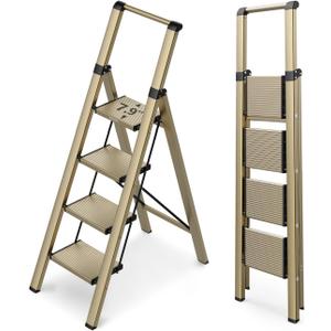 WOA WOA 4 Step Ladder for 10 Feet High Ceiling, Lightweight Foldable Ladder with Non-Slip Wide Pedals, Step Stool with Safe Handrail, Space Saving for Home, Kitchen, Indoor & Outdoor 300lbs - Gold