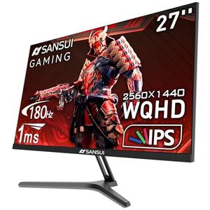 SANSUI 27 Inch WQHD 2560 x 1440 IPS Gaming Monitor, 180Hz 1ms Computer Monitor, DP 1.2 x2 | HDMI 2.0 x2 | VESA Mount, 120% sRGB HDR Eye Care Metal Stand (DP Cable Included)