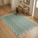 GarveeHome 3x5 Scalloped Washable Area Rug for Bedroom,Soft Sage Green Entryway Rug Non Slip Low Pile Carpet Stain Resistant Throw Rug for Bedside Kids Room Office Dining Room