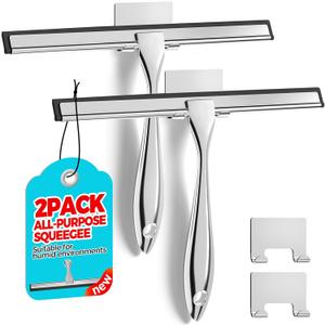 2PACK Shower Squeegee for Glass Doors, Squeegee for Shower GlassAll-Purpose Tile Walls, Bathroom, Window, Glass and Car Windshield, Mirrors and Kitchen-Stainless Steel, 10 Inches, Silver