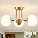 3-Light Frosted Globe Glass Ceiling Lights, Modern Semi Flush Mount Ceiling Light, Gold Sputnik Chandelier Lighting Fixture for Bedroom Living Room Entryway (Bulb Included), Gold