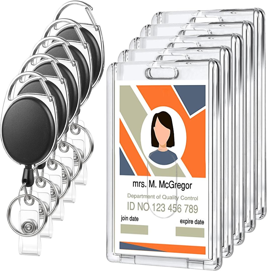 5 Set Badge Holder Retractable Clip Heavy Duty Badge Reel with Acrylic Clear Vertical ID Card Badge Holders for Work Office Nurse Teacher Student