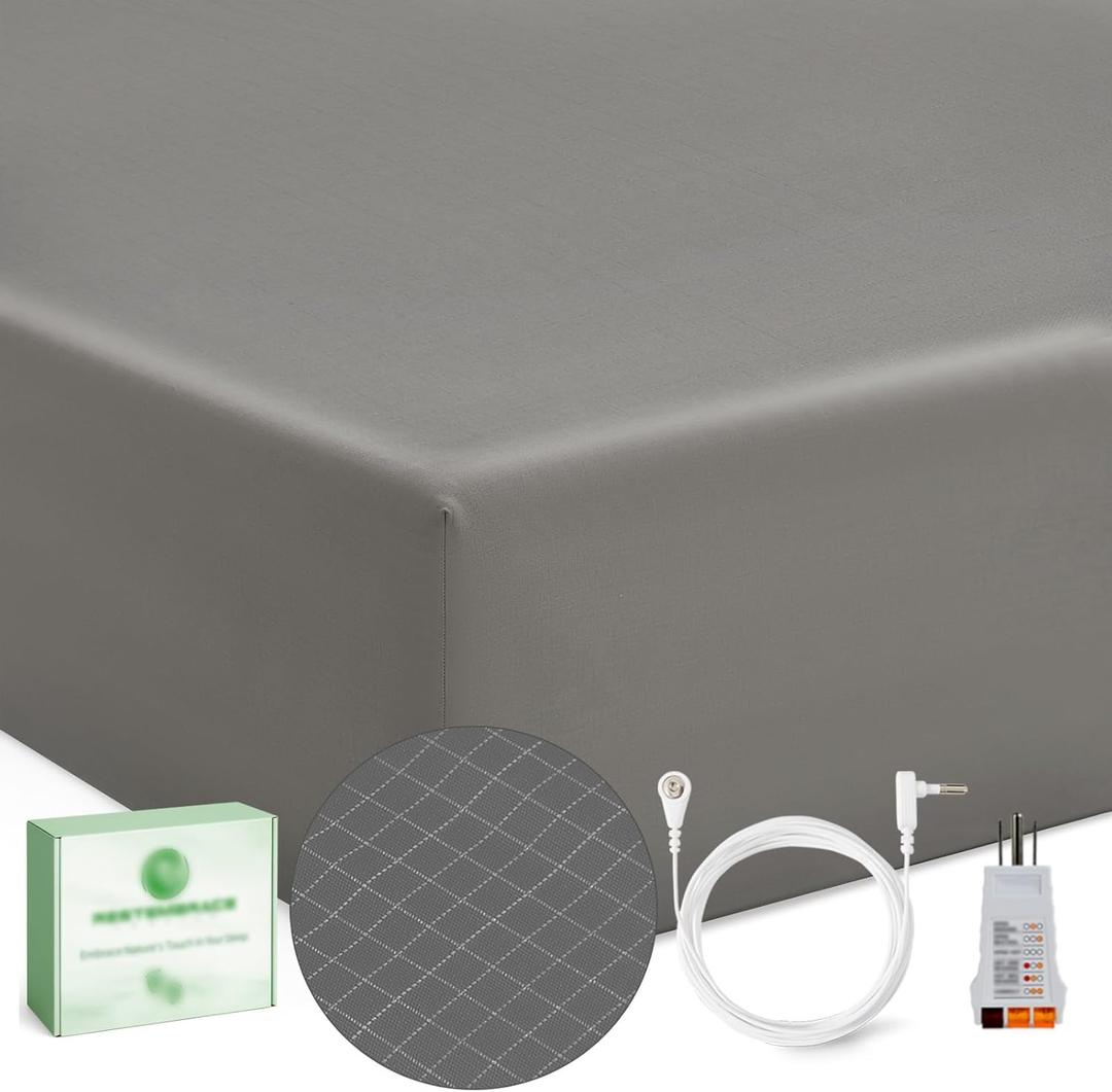 Grounding Sheets King 20% Silver Fiber 80% Organic Cotton with Outlet Tester and Test Pen, Grounded Bed Sheet Kit Earth Connected Bedding(Gray, King)