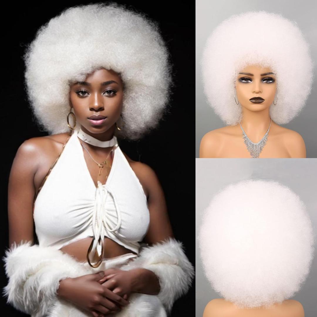 White Afro Wigs for Women Glueless Wear and Go Wig 70s Afro Puff Curly Wigs for Party and Cosplay Costume Halloween wigs(white)