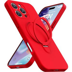 Magnetic Stand for iPhone 16 Pro Max, Liquid Silicone, [Compatible with MagSafe][Built-in Kickstand&Ring Holder] Anti-Scratch Soft Microfiber Lining, Light Red