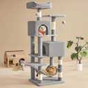 Feandrea Cat Tree, 59.5-Inch Tall Cat Tower, Plush Multi-Level Condo with 5 Scratching Posts, 2 Perches, 2 Caves, Hammock, 2 Pompoms, Light Gray UPCT192W01