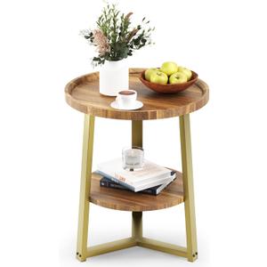 PPAMAPIC Round End Table, 2 Tier Side Table with Storage Shelf, Nightstand Accent Table for Living Room Bedroom Small Space, Golden Metal Frame, 19.7" D x 23.6" H, Rustic Brown