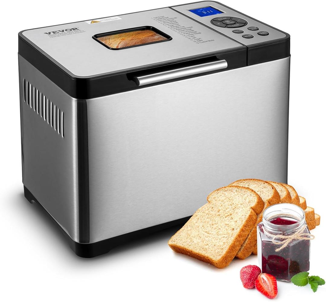 VEVOR Bread Maker, 19-in-1 2LB Dough Machine, Nonstick Ceramic Pan Automatic Breadmaker with Gluten Free Setting, Whole Wheat Bread Making, Digital, Programmable, 3 Loaf Sizes, 3 Crust Colors (Silver)