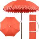 JONATHAN Y Horizon 6.5 ft. Beach Umbrella, Coastal Coral Red with Fringe, Boho UV 50+ Sun Shade with Scalloped Edge, Push-Button Tilt and Carry Bag, Dark Brown Wood Finish Pole UMB1004F, 78 inches diameter, 84 inches height