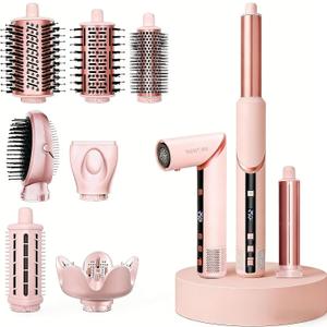 9 in 1 Hot Air Styler Wrap, High-Speed Hair Dryer Brush with Auto Wrap Curlers, Foldable Ionic Blow Dryer Brush for Fast Drying, Smoothing & Volumizing, Multi-Styling Tools (Gifts for Women) (Pink)