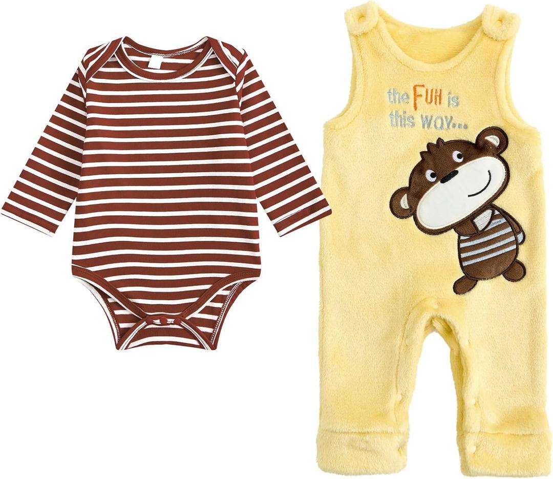 JiAmy Newborn Baby Outfit Baby Fleece Overalls Toddler Flannel Onesie Romper Two-piece Set