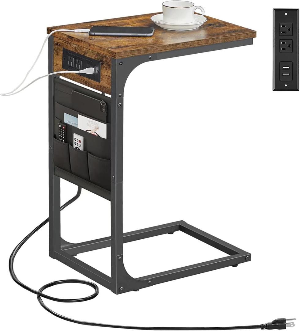 TUTOTAK C Shaped End Table with Charging Station, Side Table for Sofa, Couch Table with Storage Bag, TV Tray with 2 USB Ports and Outlets for Living Room, Bedroom, Brown TB01BB024 (Brown)