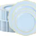 realluck 100PCS Light Blue and Gold Plastic Plates, Fancy Baroque Disposable Wedding Plates - 50 Dinner & 50 Salad Plates, Pastel Blue Party Supplies for Baby Shower, Bridal Showe