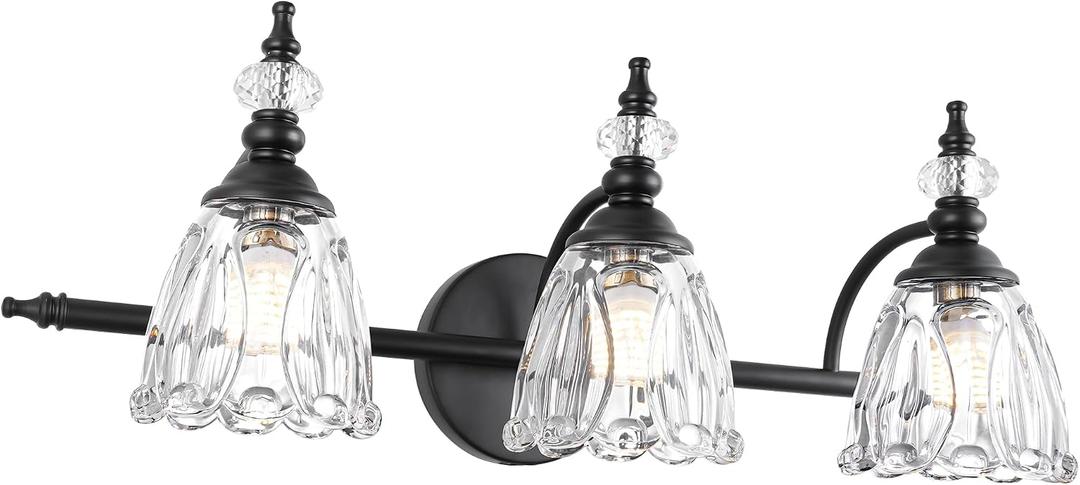 Matte Black Bathroom Vanity Light, Farmhouse Bathroom Light Fixtures Over Mirror, 3 Light Vanity Lighting Fixtures, Flower Glass Shade Wall Sconce Lighting
