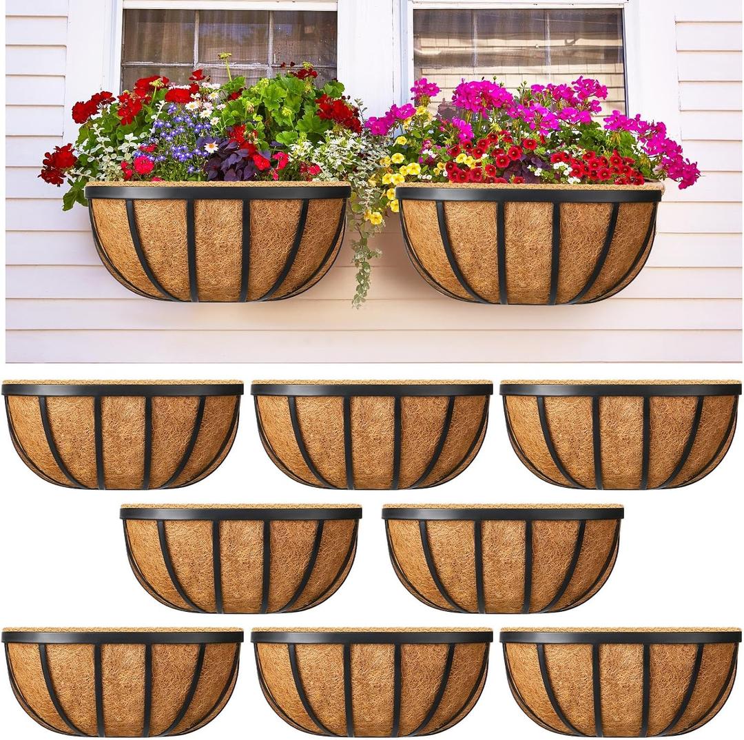 8 Sets 16 Inch Window Deck Railing Planters Boxes with Coconut Liner Outdoor Wall Planter for Plants Balcony Metal Hanging Flower Bracket Basket for Fence, Porch, Patio Decoration