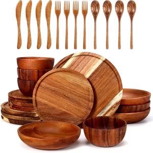 28 Pcs Acacia Wood Dinnerware Set, Round Wooden Plates, Solid Wooden Bowls and Spoon Fork Knife Cutlery Set Acacia Wood Tableware Supplies, Easy Cleaning Lightweight for Dish Snack Dessert