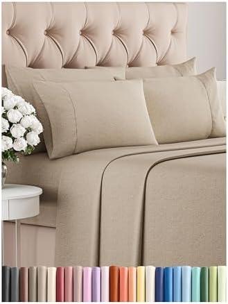 King 6 Piece Sheet Set - Comfy Breathable & Cooling - Soft Hotel Luxury Bedding Set with 8-16 Inch Deep Pockets - 1 Flat & 1 Fitted Sheet & 4 Pillowcases - Wrinkle Free & Easy Care - Heathered Beige
