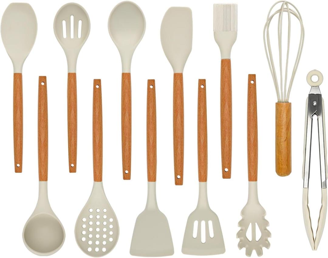 Kitchen Utensils Set - 12 Pcs Silicone Cooking Utensils Set with Wooden Handle - Heat Resistant Non-Stick BPA Free Spatula Set,Turner, Spoon, Brush, Silicone Kitchen Gadgets Utensil Set (Khaki)