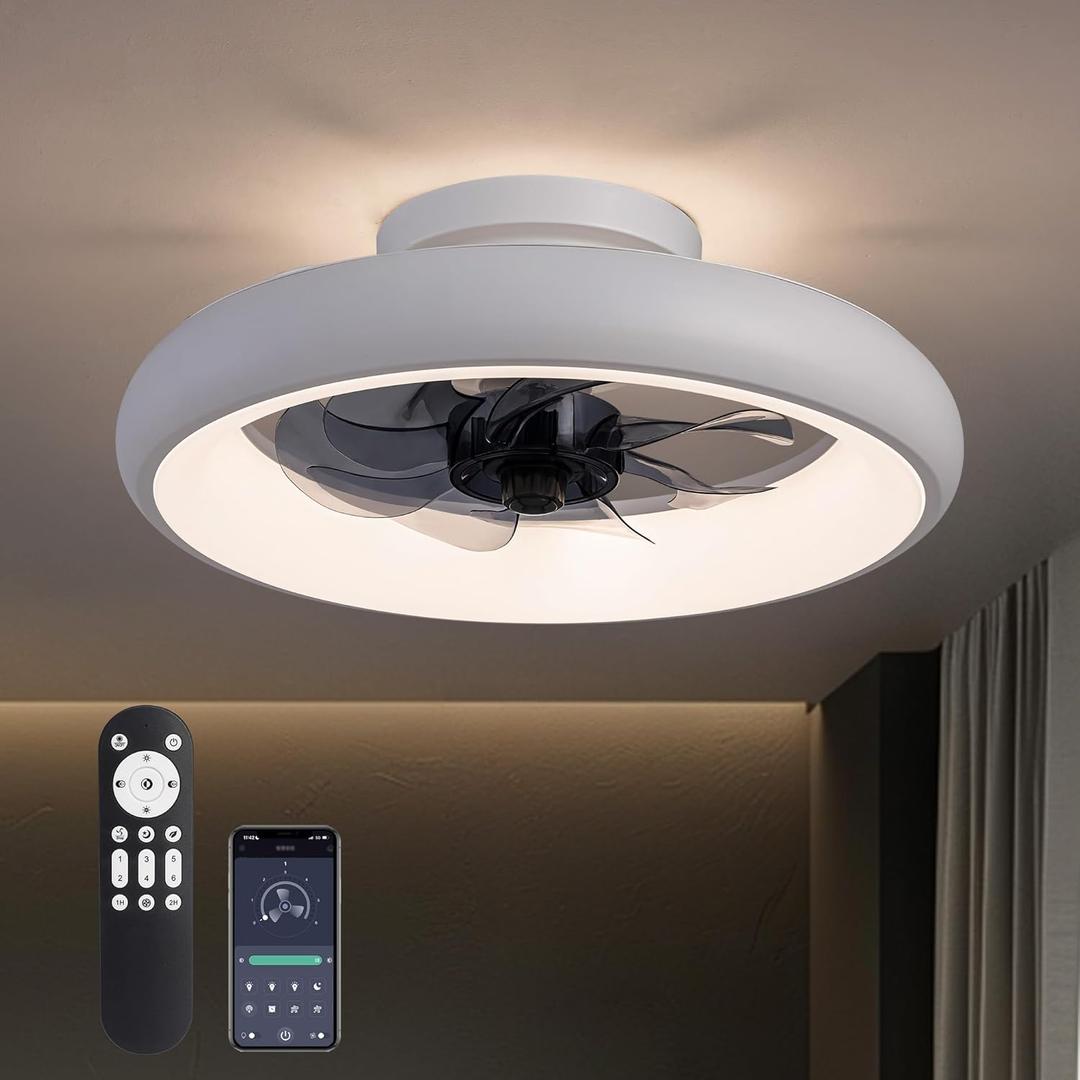 Ceiling Fans with Lights and Remote, 15'' Low Profile Flush Mount Ceiling Fan with Lights, 6 Wind Speeds, Modern Dimmable LED Ceiling Fan, Smart Ceiling Fan for Bedroom, Kids Room (White)