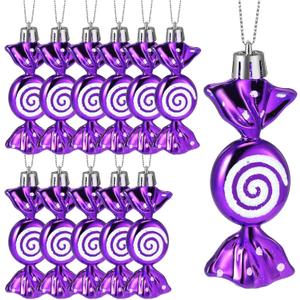 Threan 12 Pcs Christmas Candy Ornaments for Tree Decoration Hanging Glitter Candy Cane Christmas Peppermint Ornament with Golden Rope for Xmas Holiday Decoration(Purple,Plastic)