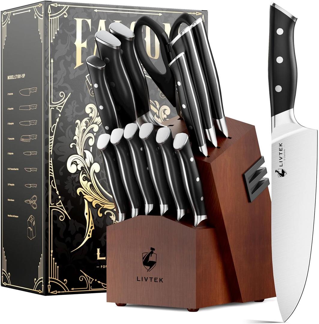 Livtek Knife Set with Block - Kitchen Knife Set German High-Carbon Stainless Steel with Built-in Sharpener - Full Tang, Triple-Rivet Ergonomic Handle - Holiday Gift Idea - 15-Piece, Falcon Series
