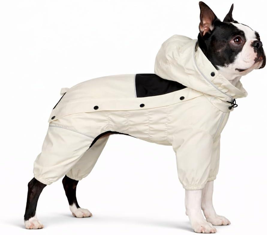 LOVELONGLONG Waterproof Dog Raincoat with Removable Hood  Outdoor Full Body Dog Jacket, Windproof Snowproof Shell Suit  All Season Pet Rain Gear Ivory L (L (Back 16.5"))