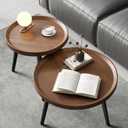 2 PCS Small Round Coffee Table, Walnut Nesting Tables for Small Spaces, Mid Century Modern Centre Table, Easy Assembly Circle Coffee Tables for Living Room, Minimalist Nesting Coffee Table Set of 2