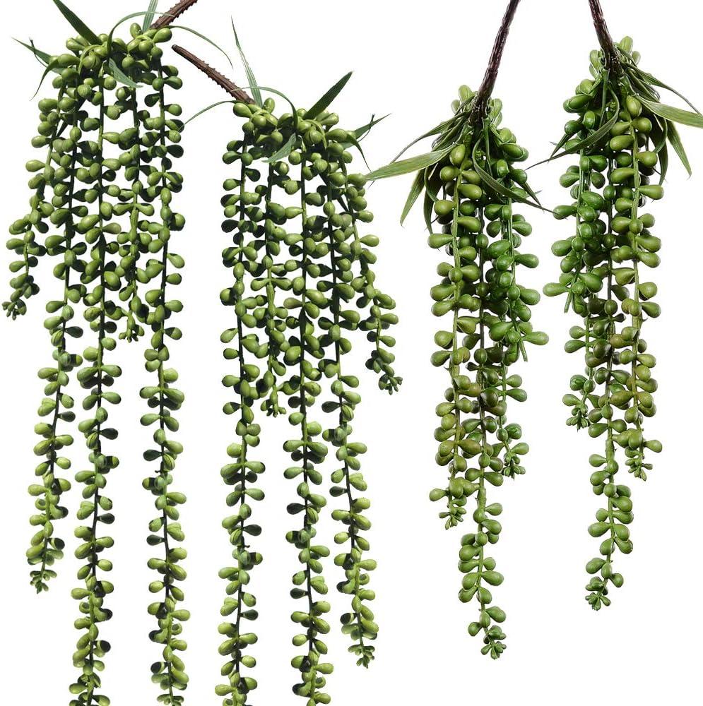 Supla 4 Pcs Artificial Hanging Succulents Faux Burro's Tail Picks Trailing String of Pearls Succulents Fake Greenery Sprays for Basket Planter Centerpiece Floral Arrangement Indoor Outdoor Decor
