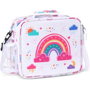 rockpapa Kids Lunch Bag for Kids with Strap, Waterproof, Stain & Oil-Resistant, Insulated LunchBag, Reusable Lunch Tote Bag Holds Lunch Box, Water Bottle & Snacks for School (White Rainbow)
