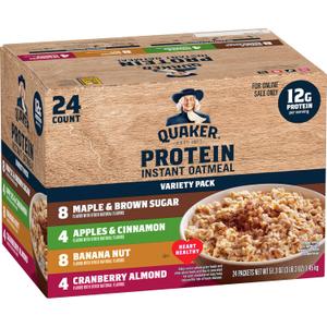 Quaker Instant Oatmeal, Protein 4 Flavor Variety Pack, 7g+ Protein, Individual Packets, 24 Count (EXP 09/21/26)