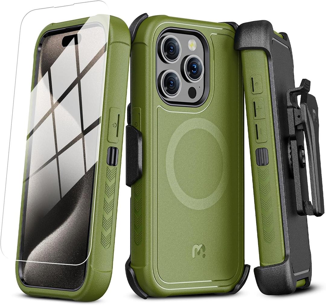 M MYBAT PRO Maverick Series iPhone 15 Pro Max Case with Belt Clip Holster,[Compatible with Magsafe]w/Screen Protector ,Anti-Drop,Shockproof,with 360Rotating Kickstand,Heavy Duty Protection Army Green