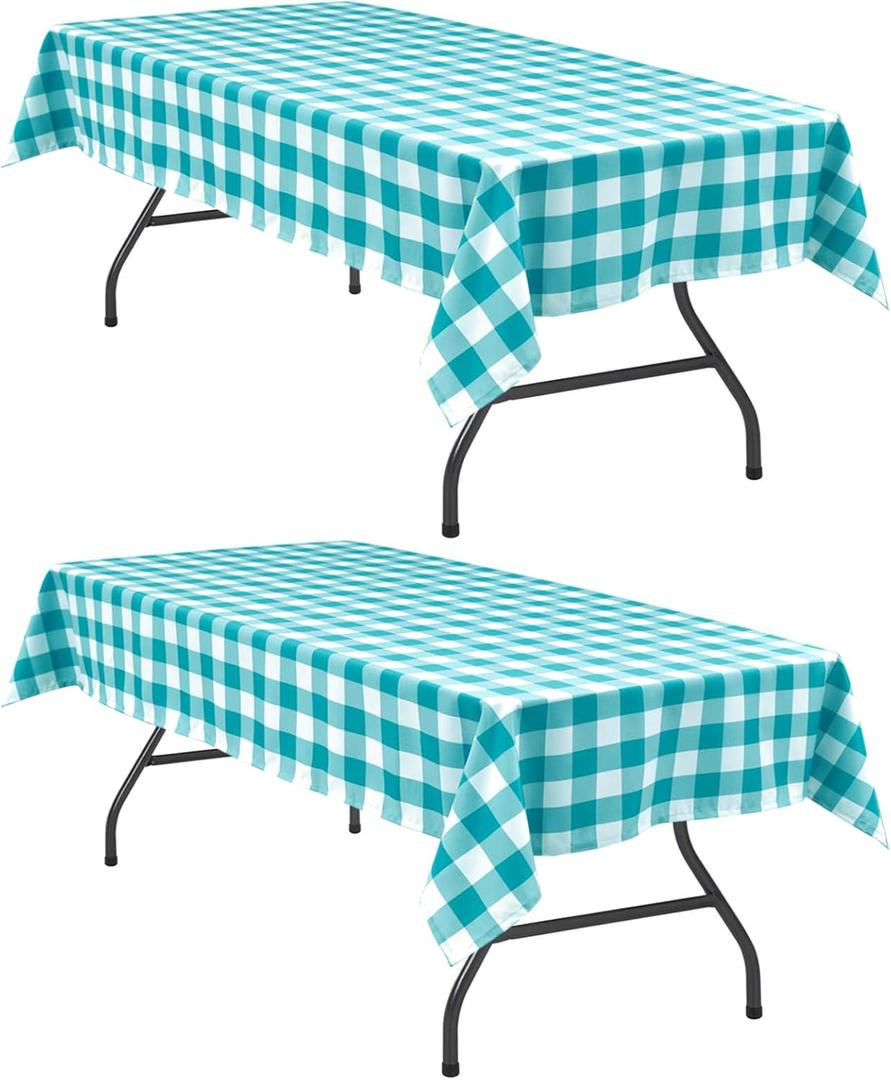 Hiasan Plaid Tablecloth Waterproof, 2 Pack, 54 x 80 inch - Checkered Table Cloth Rectangle for Spring Party/Outdoor Picnic/Kitchen Dining, Turquoise and White