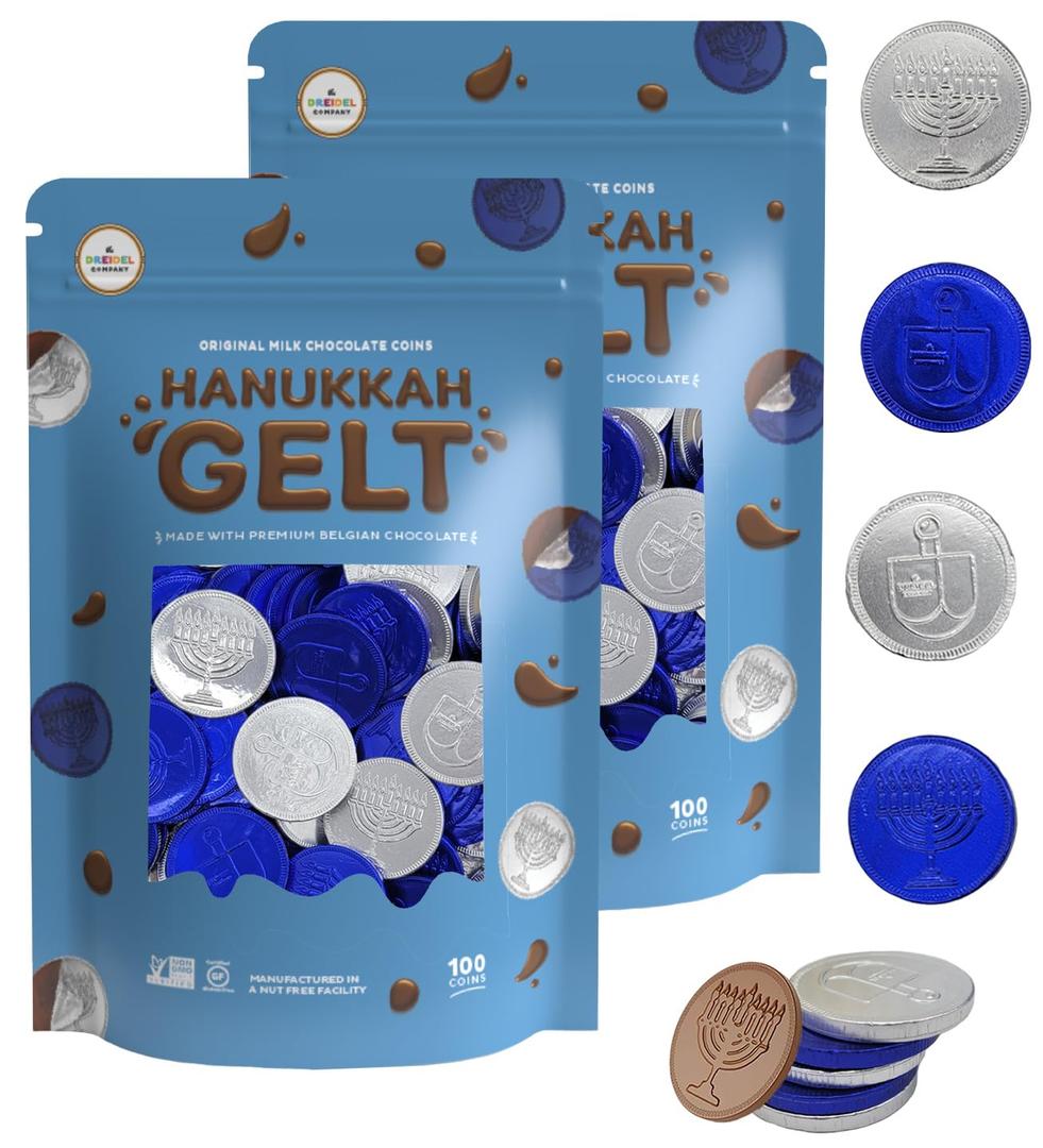 The Dreidel Company Milk Chocolate Coins, Hanukkah Gelt, Blue And Silver Coins, Made with Premium Belgian Chocolate, Nut and Gluten-Free, Non-GMO, Kosher Certified Dairy (200-Pack) (EXP 02/11/27)