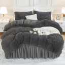 Andency Faux Fur Dark Grey Comforter Full Size, 3 Pieces Fluffy Fuzzy Plush Gray Bedding Comforter Set (1 Shaggy Velvet Comforter & 2 Pillowcases), Soft Puffy Comfy Bedding Set