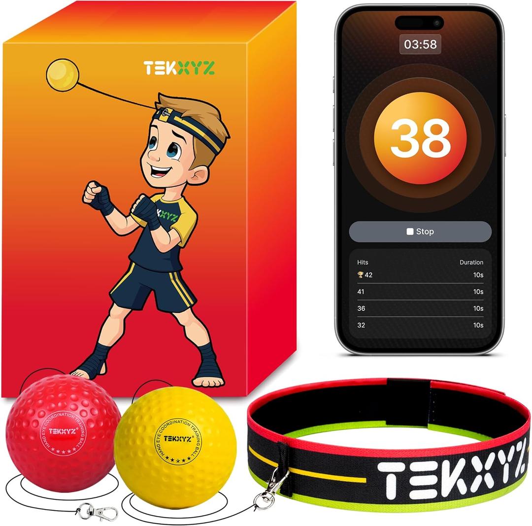 TEKXYZ Reflex Ball with Counter App & Online Community, 2 Difficulty Levels Boxing Ball with Headband, Perfect for Reaction, Agility, Punching Speed, Fight Skill & Hand Eye Coordination Training (Yellow/Red)