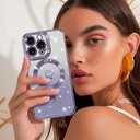 NITITOP Compatible with iPhone 12 Pro Max Case Cute Clear Glitter [Compatible for MagSafe] Plating Heart Sparkle Bling Magnetic Girl Women Electroplated Frame Camera Protection Back Cover - Purple