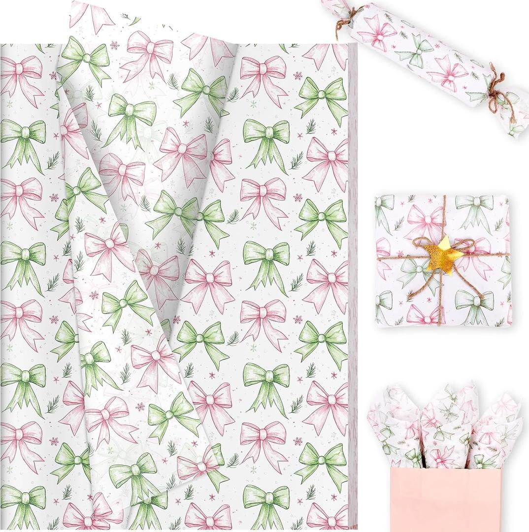 100 Sheets Pink Christmas Toile Tissue Paper, 20 x 14in Coquette Bows and Preppy Pine Cone Gift Wrap Paper for Christmas DIY Craft Winter Holidays Party Supplies (A)