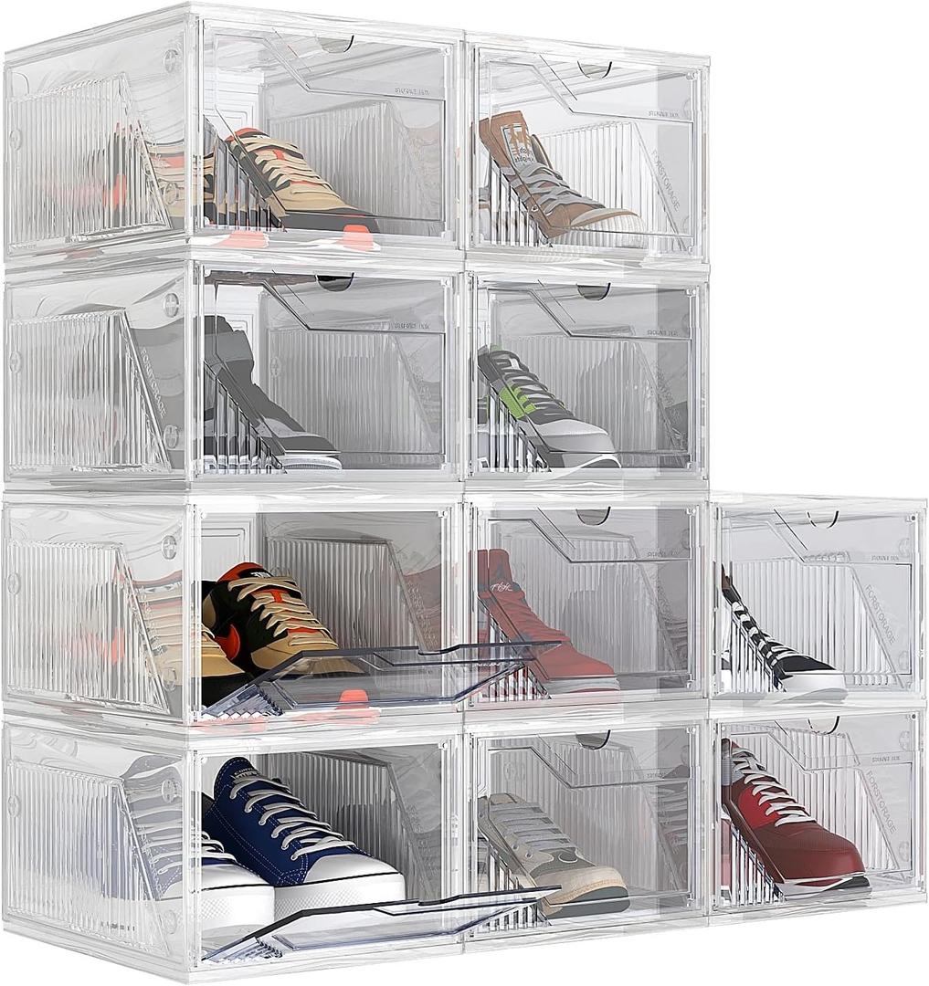 AWTATOS Shoe Boxes with Magnetic Door, Stackable Shoe Storage Organizer with Lids, Folding Shoe Rack for High Heels, Thickened Sneaker Storage Container, 10 Pack, Clear