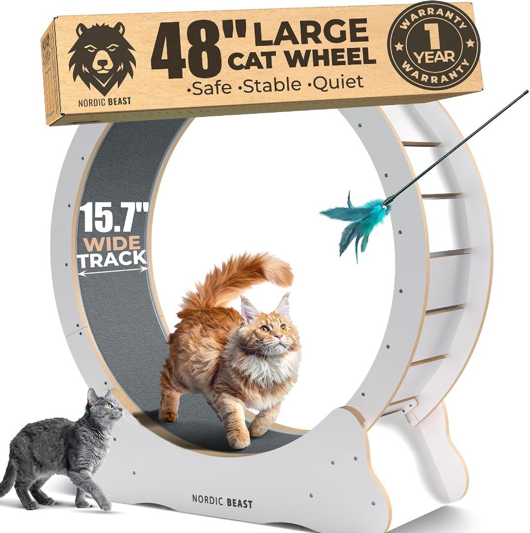 White 48'' XL Cat Wheel - Cat Wheels for Indoor Cats Which Doesn't Negatively Affect Your Cat's Spine - 15.7'' Extra Wide White Exercise Wheel - Fits 2 Cats Side-by-Side