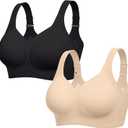 LetsJoli Bras for Women Supportive Wireless Push Up Bra Full Coverage No Underwire Seamless Plus Size for Older Women(Black+Nude,2PCS,S)