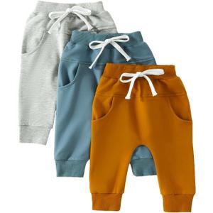 Arvbitana 3-Pack Toddler Boys Girls Pants Stretch Casual Solid Color Pants Elastic Waist Bottom Long Pants (B-Long Pants Blue-Brown-Grey,2-3T)