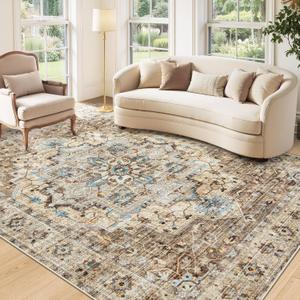 Area Rug 5x7 Vintage Rug: Washable Indoor Medallion Rugs Low Pile Distressed Floor Carpet Retro Accent Rug for Living Room Bedroom Kitchen Dining Table Home Office(Brown/Blue, 5'x7')