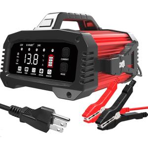 E-FAST 25A Smart Car Battery Charger, 12V/24V Automatic Automotive Battery Maintainer & Desulfator with 200s Booster Mode - Adjustable Amp Trickle Charger for Lead-Acid, AGM, Gel, LiFePO4